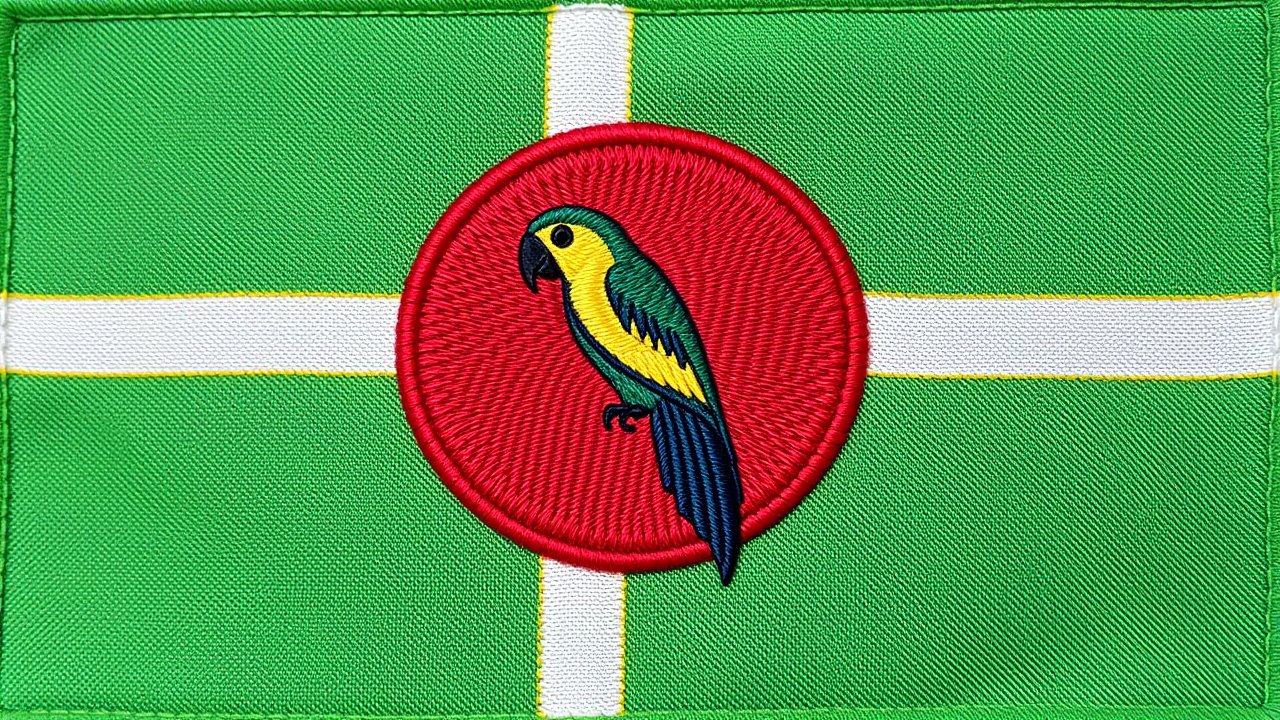 Flag of Dominica 🇩🇲 in embroidered textile style