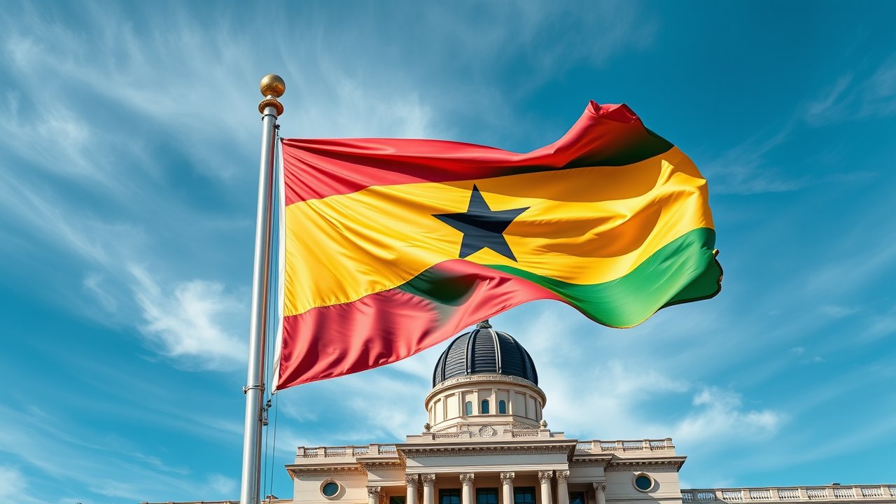 Flag of Ghana 🇬🇭 in flagpole in capital style