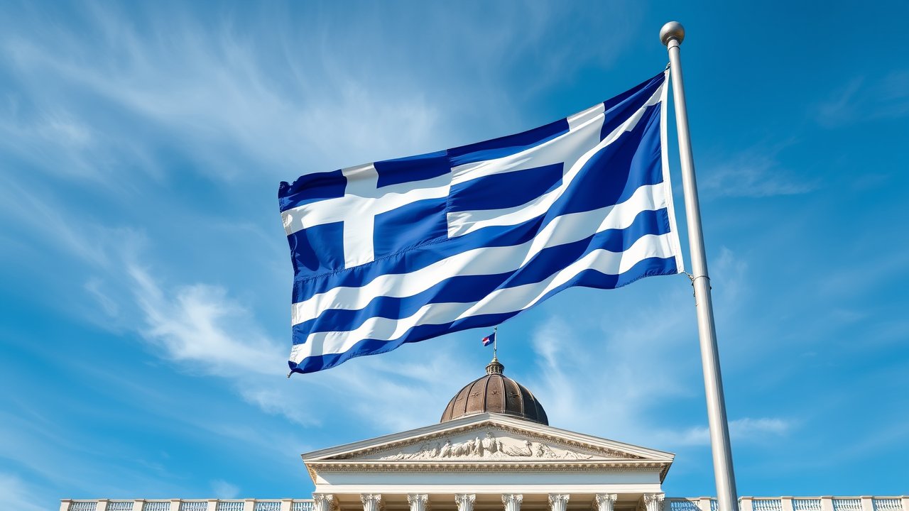 Flag of Greece 🇬🇷 in flagpole in capital style