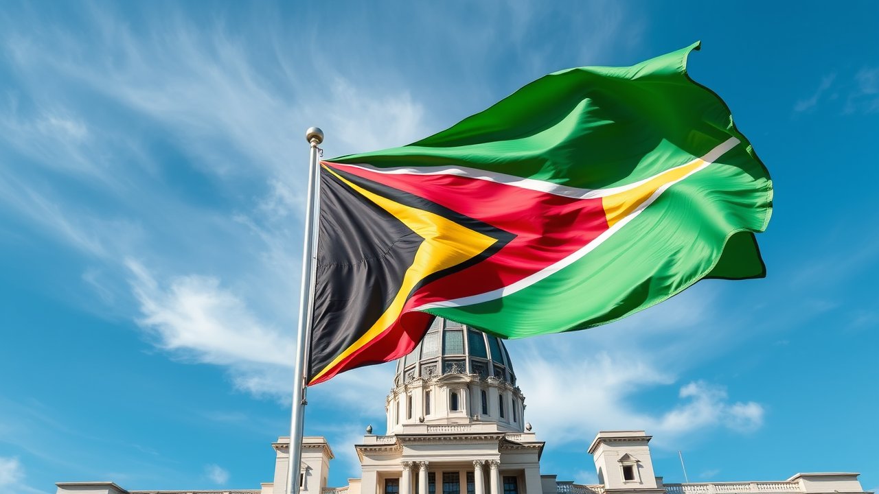 Flag of Guyana 🇬🇾 in flagpole in capital style