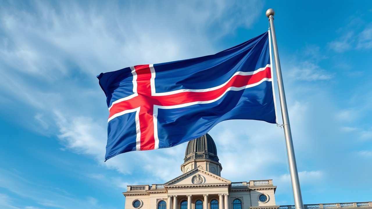 Flag of Iceland 🇮🇸 in flagpole in capital style