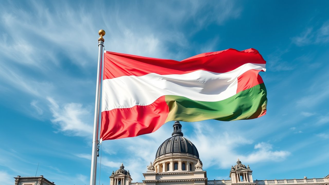 Flag of Hungary 🇭🇺 in flagpole in capital style