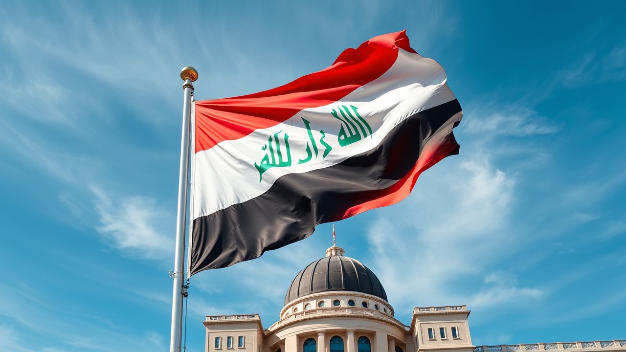 Flag of Iraq 🇮🇶 in flagpole in capital style