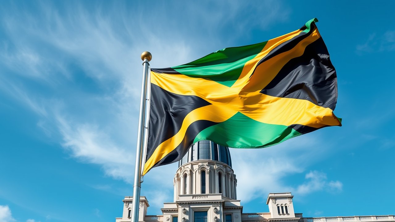 Flag of Jamaica 🇯🇲 in flagpole in capital style