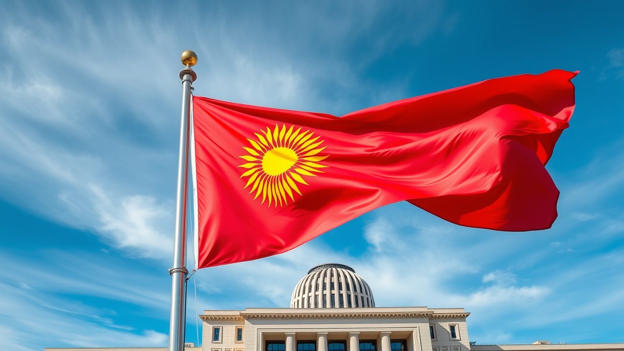 Flag of Kyrgyzstan 🇰🇬 in flagpole in capital style