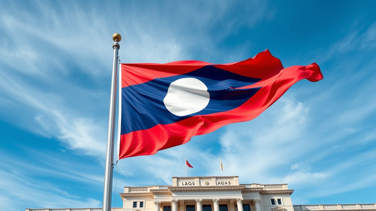Flag of Laos 🇱🇦 in flagpole in capital style