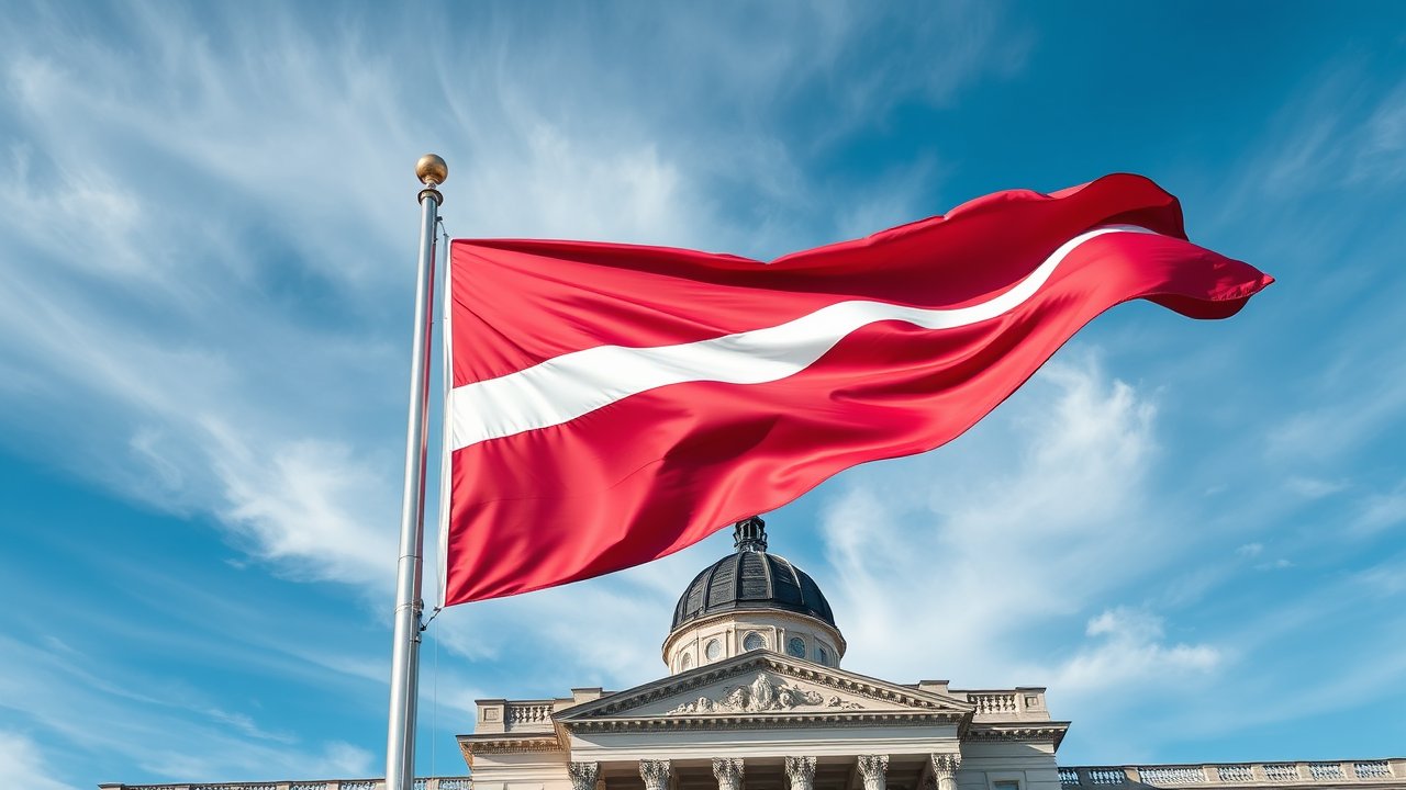 Flag of Latvia 🇱🇻 in flagpole in capital style