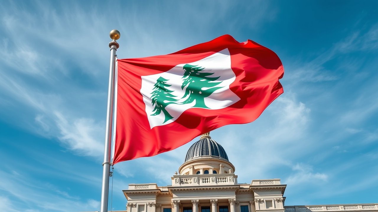 Flag of Lebanon 🇱🇧 in flagpole in capital style