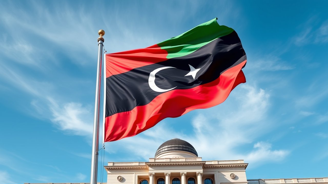 Flag of Libya 🇱🇾 in flagpole in capital style