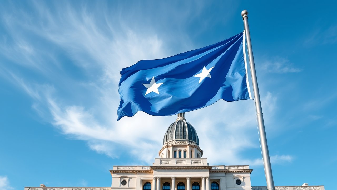 Flag of Micronesia 🇫🇲 in flagpole in capital style