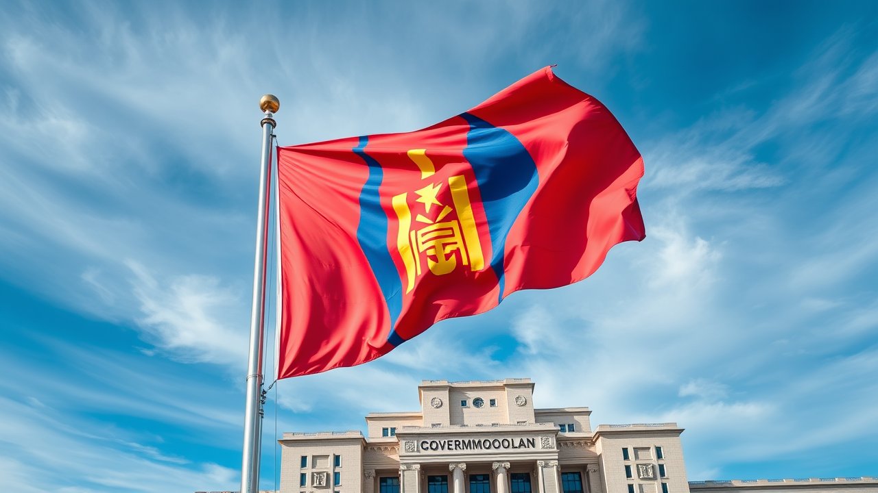 Flag of Mongolia 🇲🇳 in flagpole in capital style