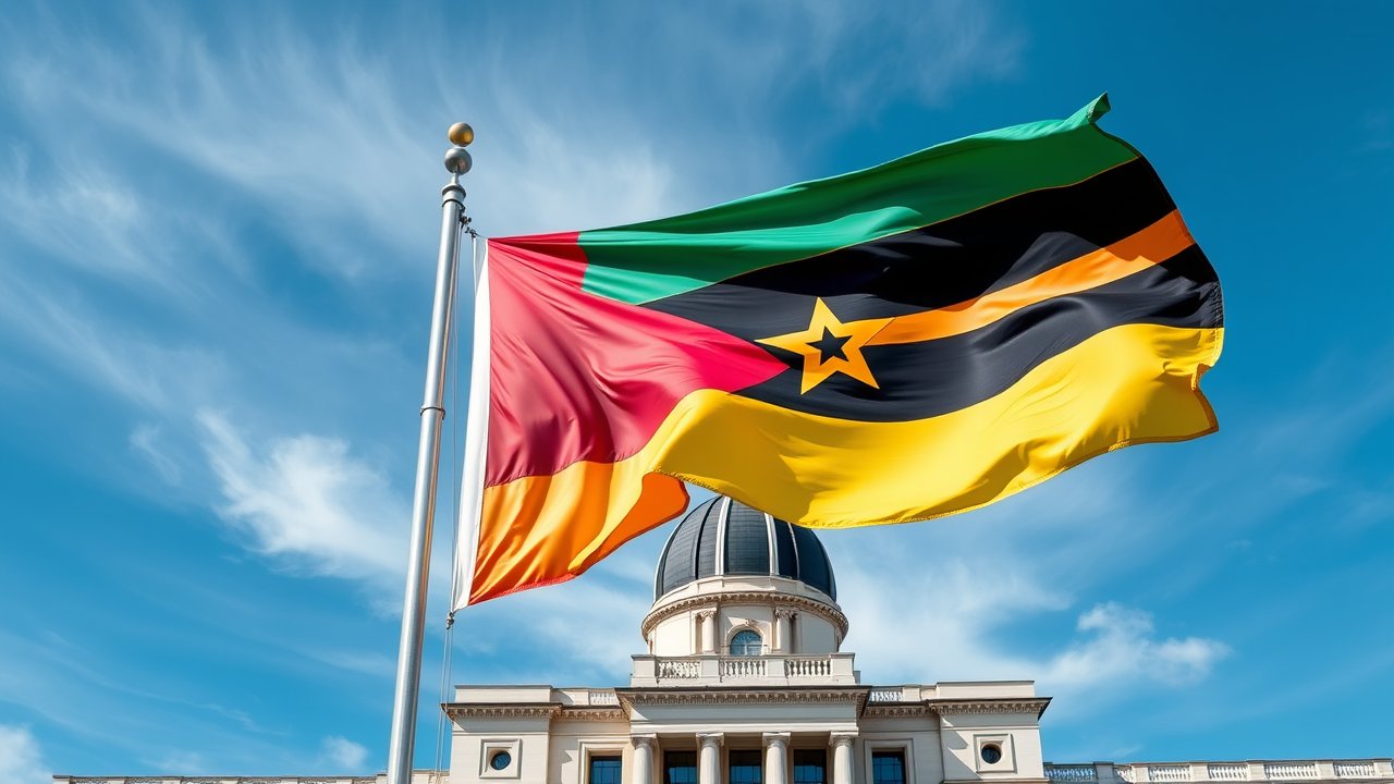 Flag of Mozambique 🇲🇿 in flagpole in capital style