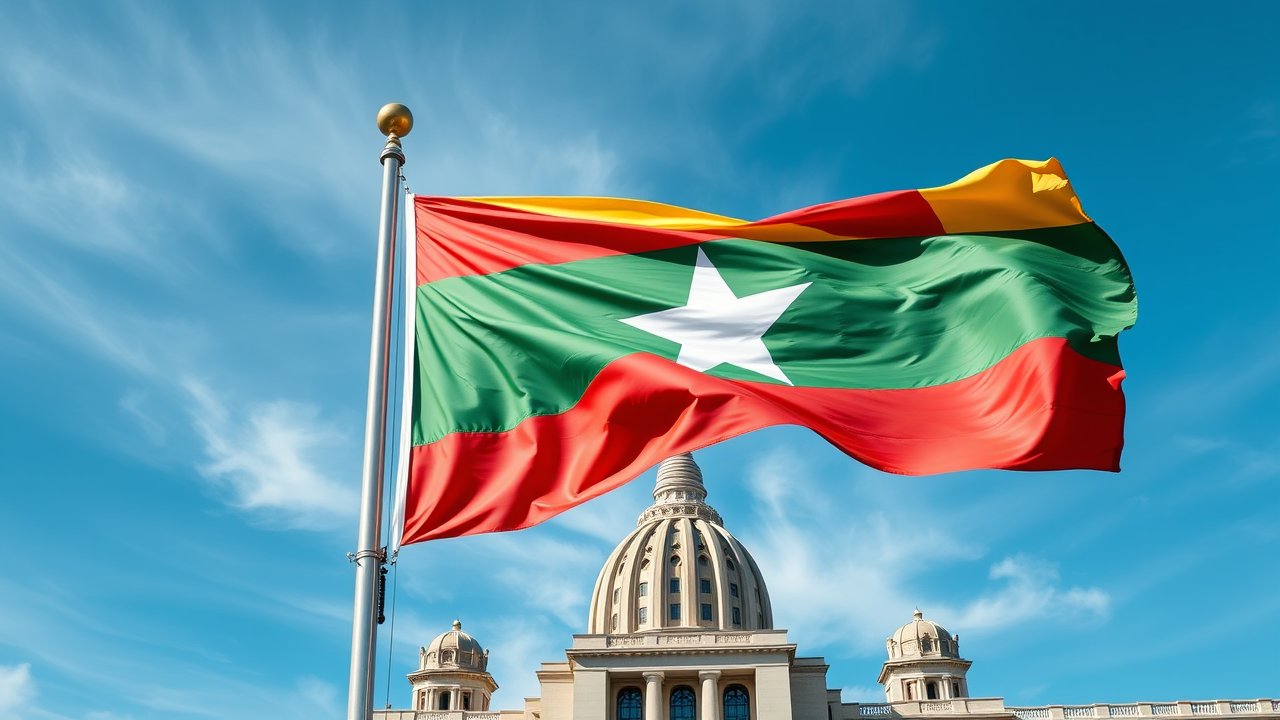 Flag of Myanmar (Burma) 🇲🇲 in flagpole in capital style