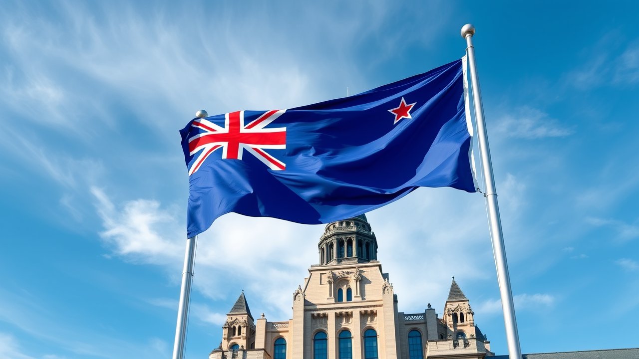 Flag of New Zealand 🇳🇿 in flagpole in capital style