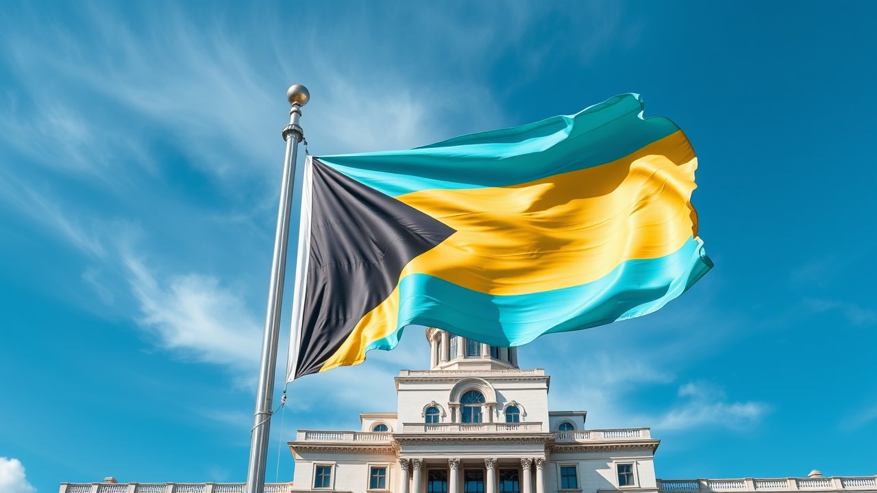 Flag of Bahamas 🇧🇸 in flagpole in capital style