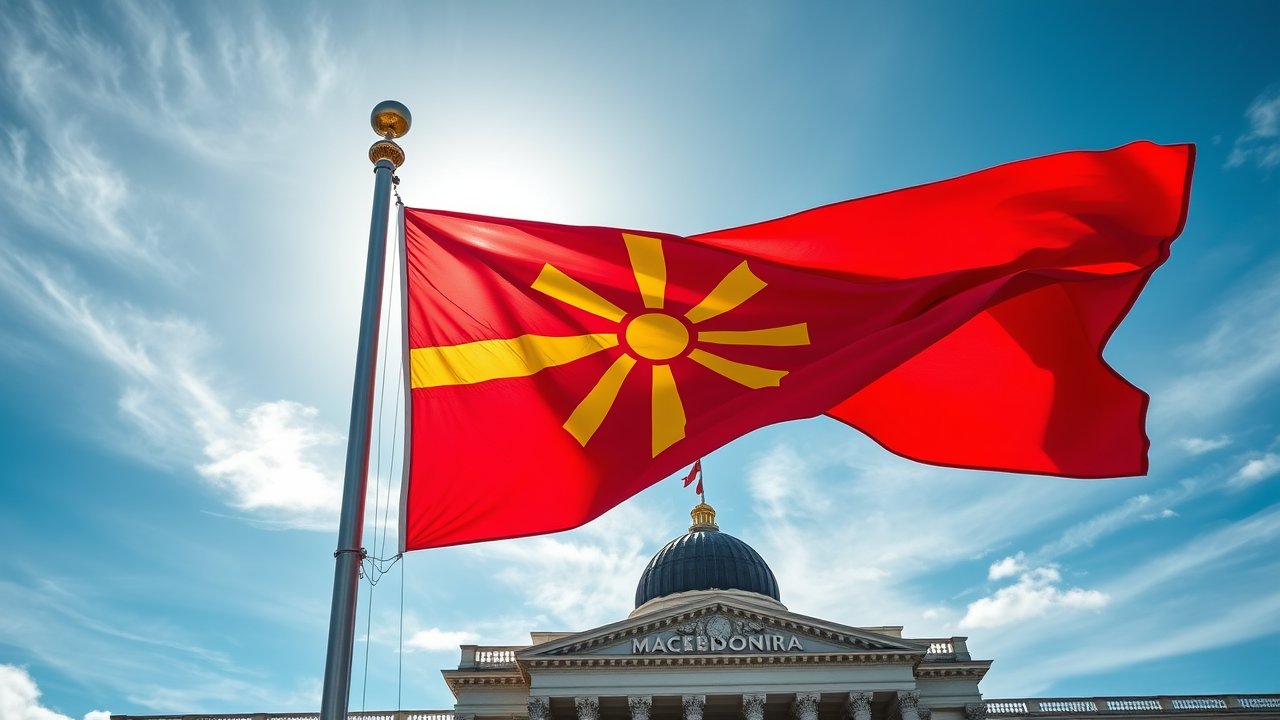 Flag of North Macedonia 🇲🇰 in flagpole in capital style