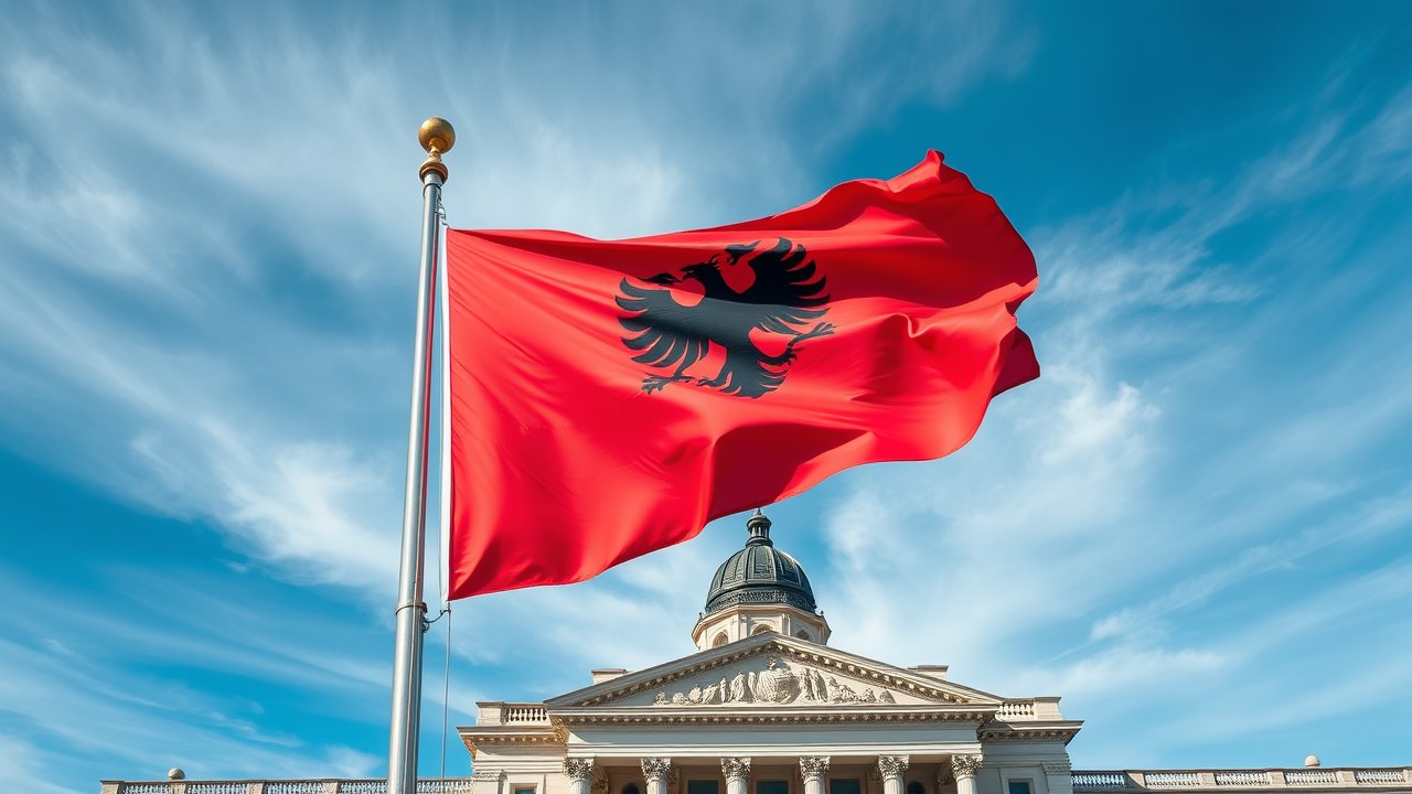 Flag of Albania 🇦🇱 in flagpole in capital style