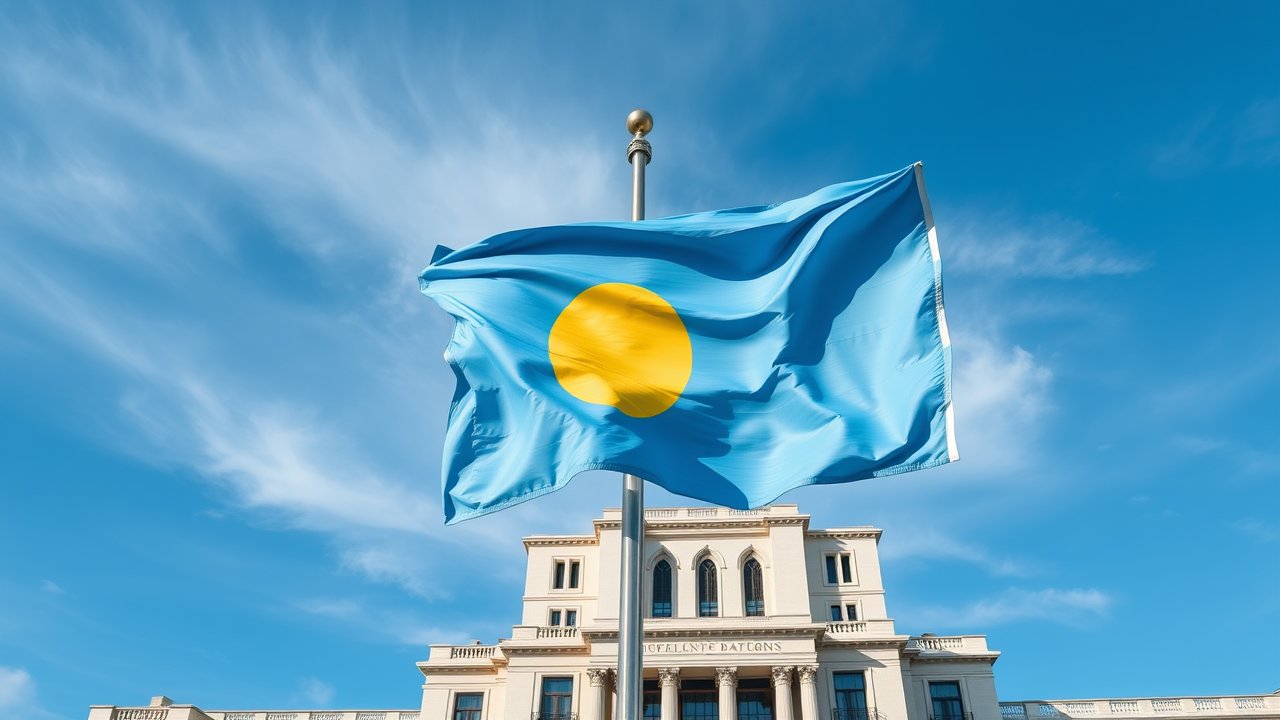 Flag of Palau 🇵🇼 in flagpole in capital style