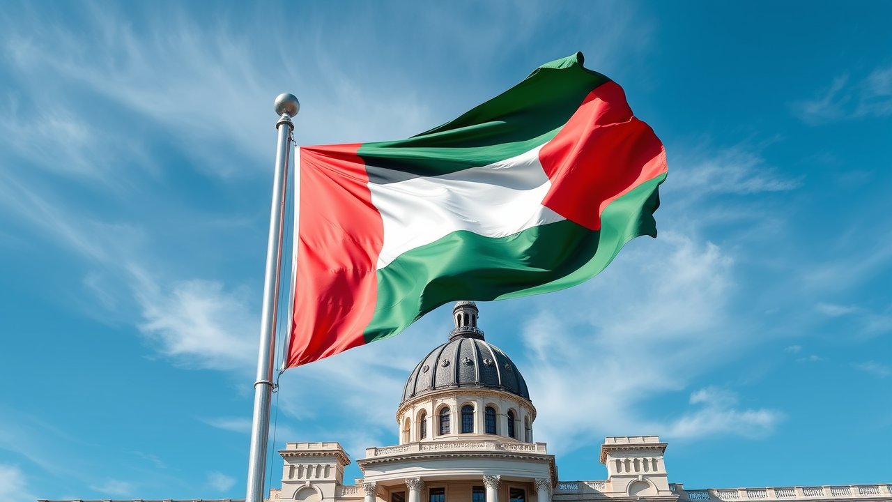 Flag of Palestine State 🇵🇸 in flagpole in capital style
