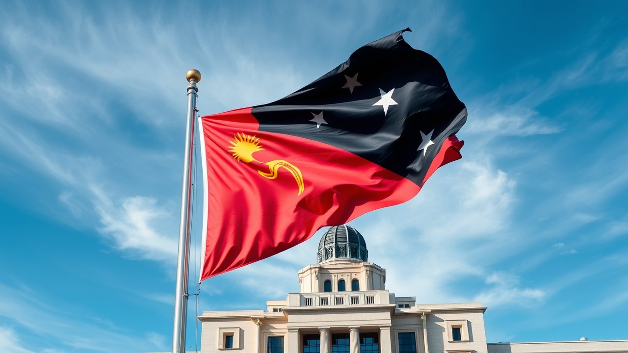 Flag of Papua New Guinea 🇵🇬 in flagpole in capital style