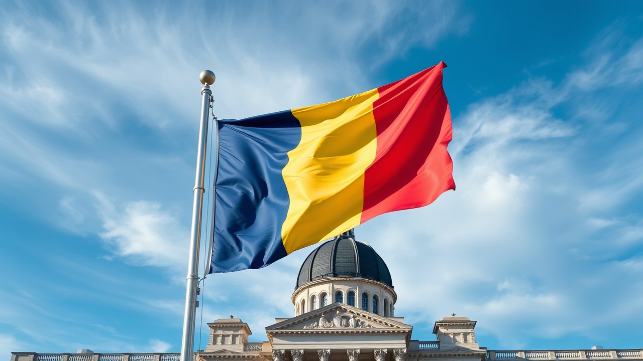 Flag of Romania 🇷🇴 in flagpole in capital style