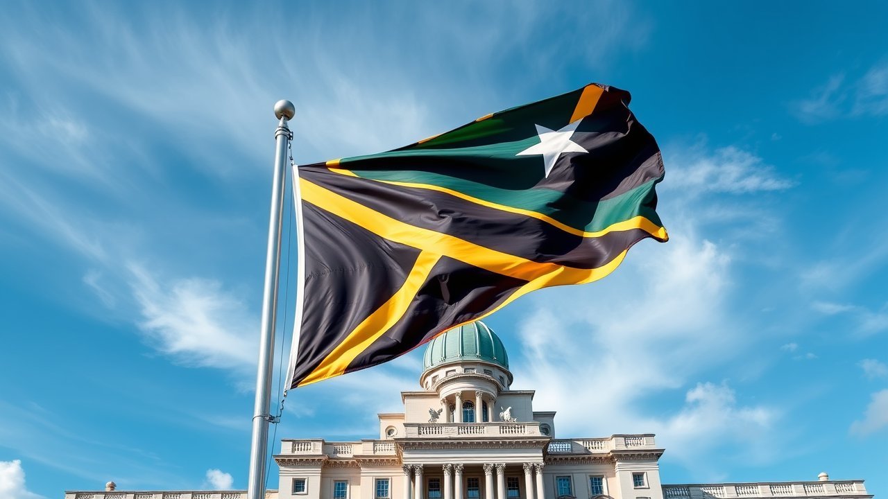 Flag of Saint Kitts and Nevis 🇰🇳 in flagpole in capital style