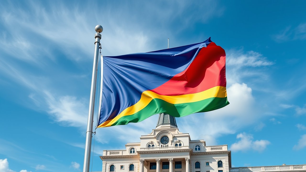 Flag of Seychelles 🇸🇨 in flagpole in capital style