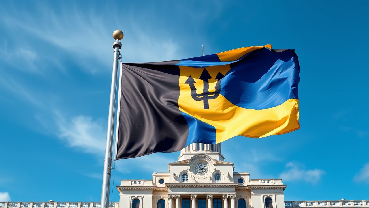 Flag of Barbados 🇧🇧 in flagpole in capital style