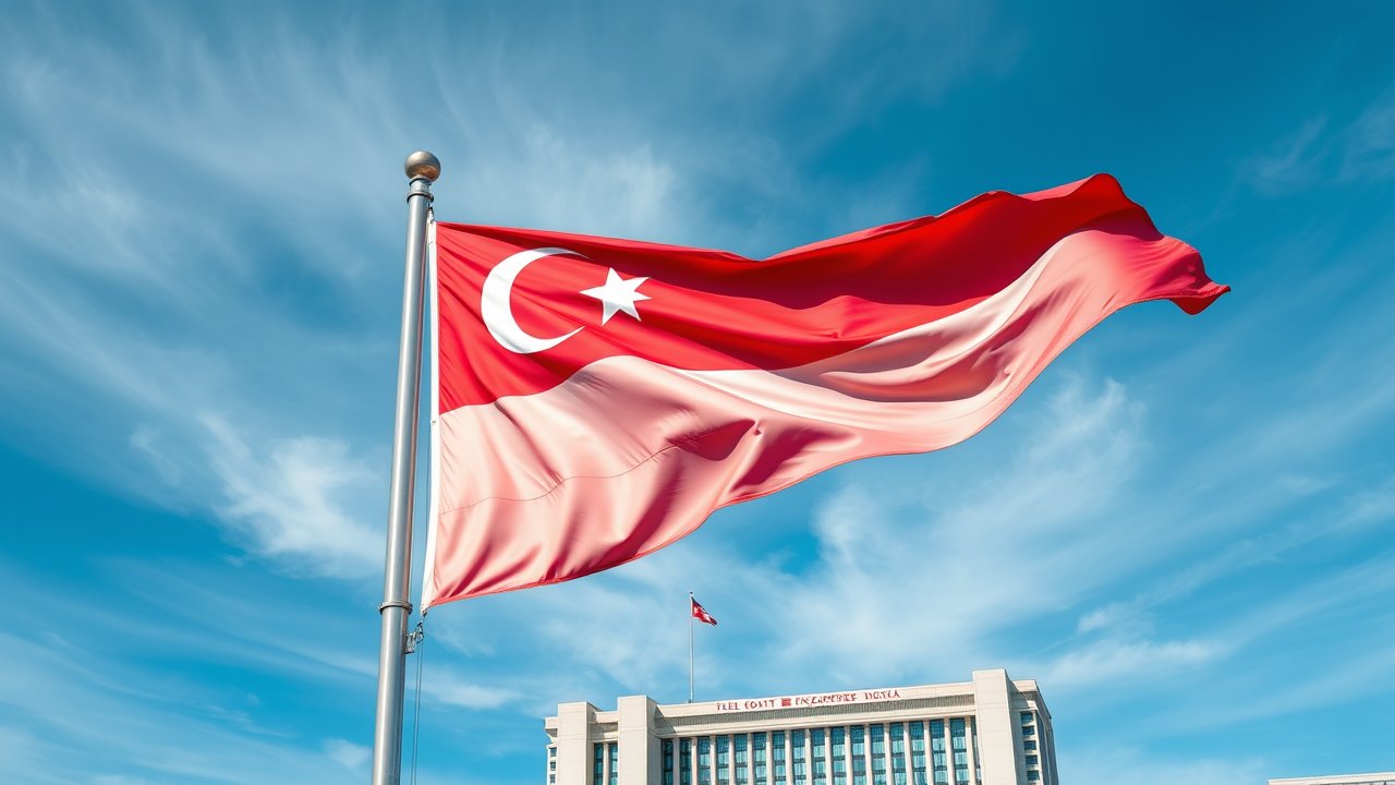 Flag of Singapore 🇸🇬 in flagpole in capital style