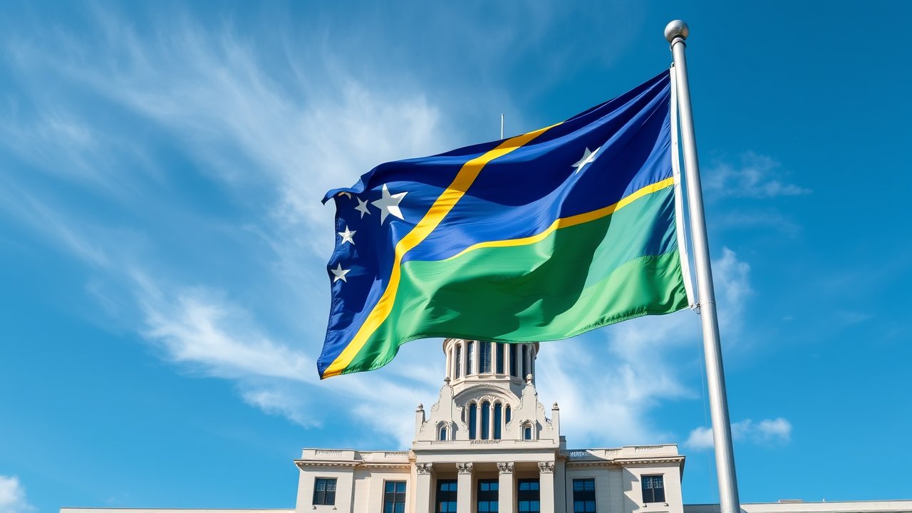 Flag of Solomon Islands 🇸🇧 in flagpole in capital style