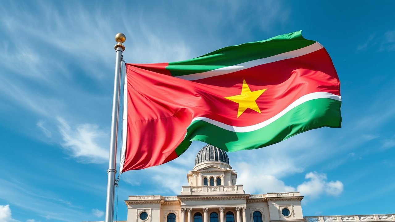 Flag of Suriname 🇸🇷 in flagpole in capital style