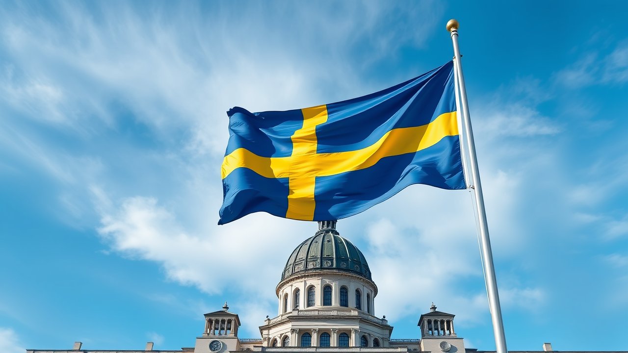 Flag of Sweden 🇸🇪 in flagpole in capital style