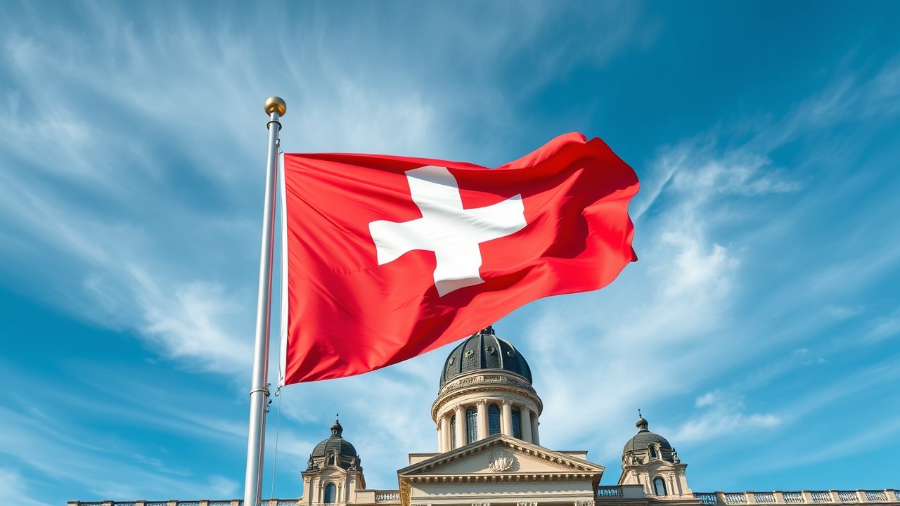 Flag of Switzerland 🇨🇭 in flagpole in capital style