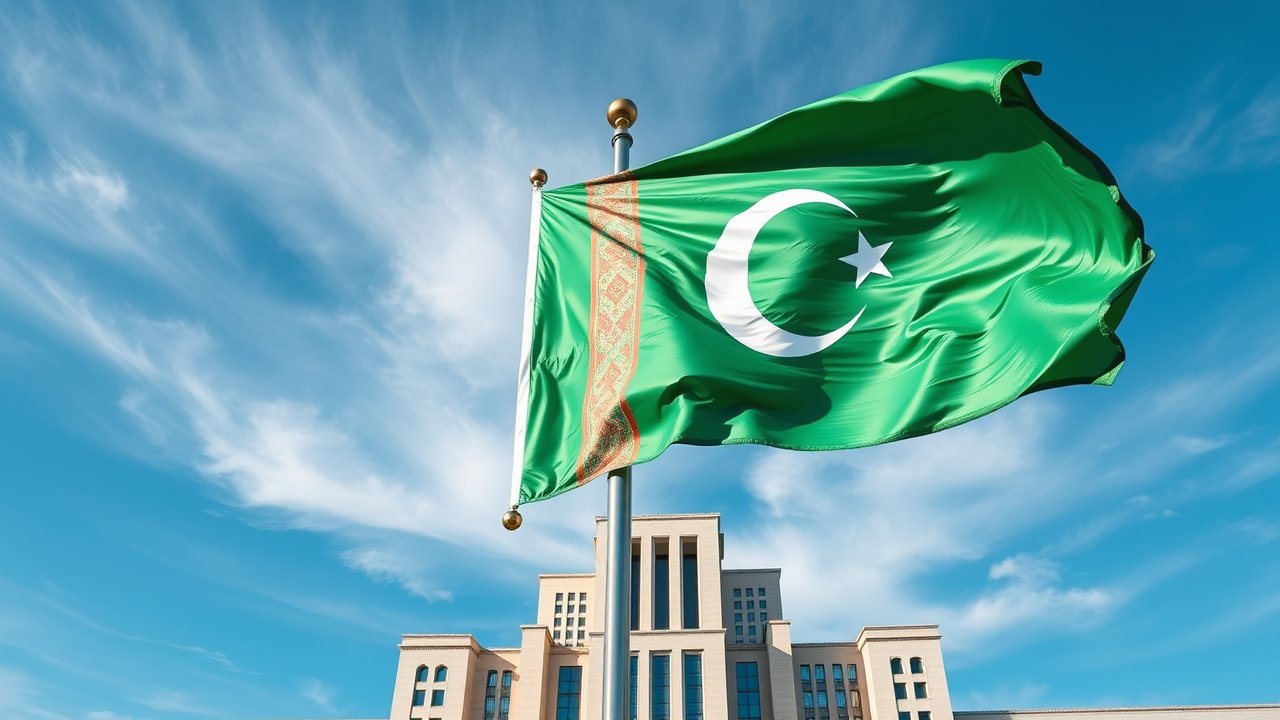 Flag of Turkmenistan 🇹🇲 in flagpole in capital style