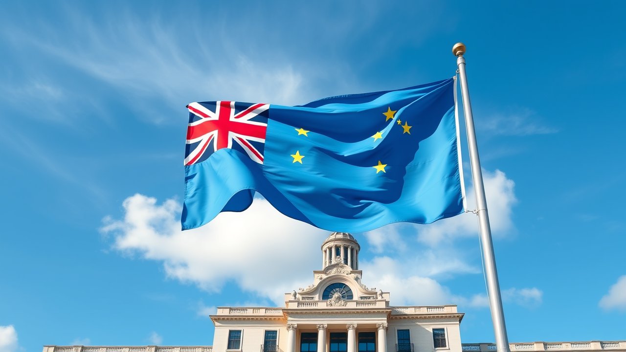 Flag of Tuvalu 🇹🇻 in flagpole in capital style