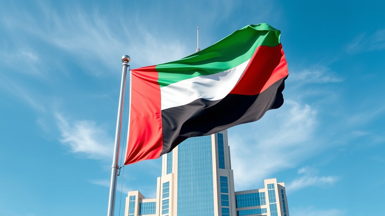 Flag of United Arab Emirates 🇦🇪 in flagpole in capital style