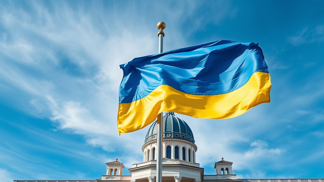 Flag of Ukraine 🇺🇦 in flagpole in capital style