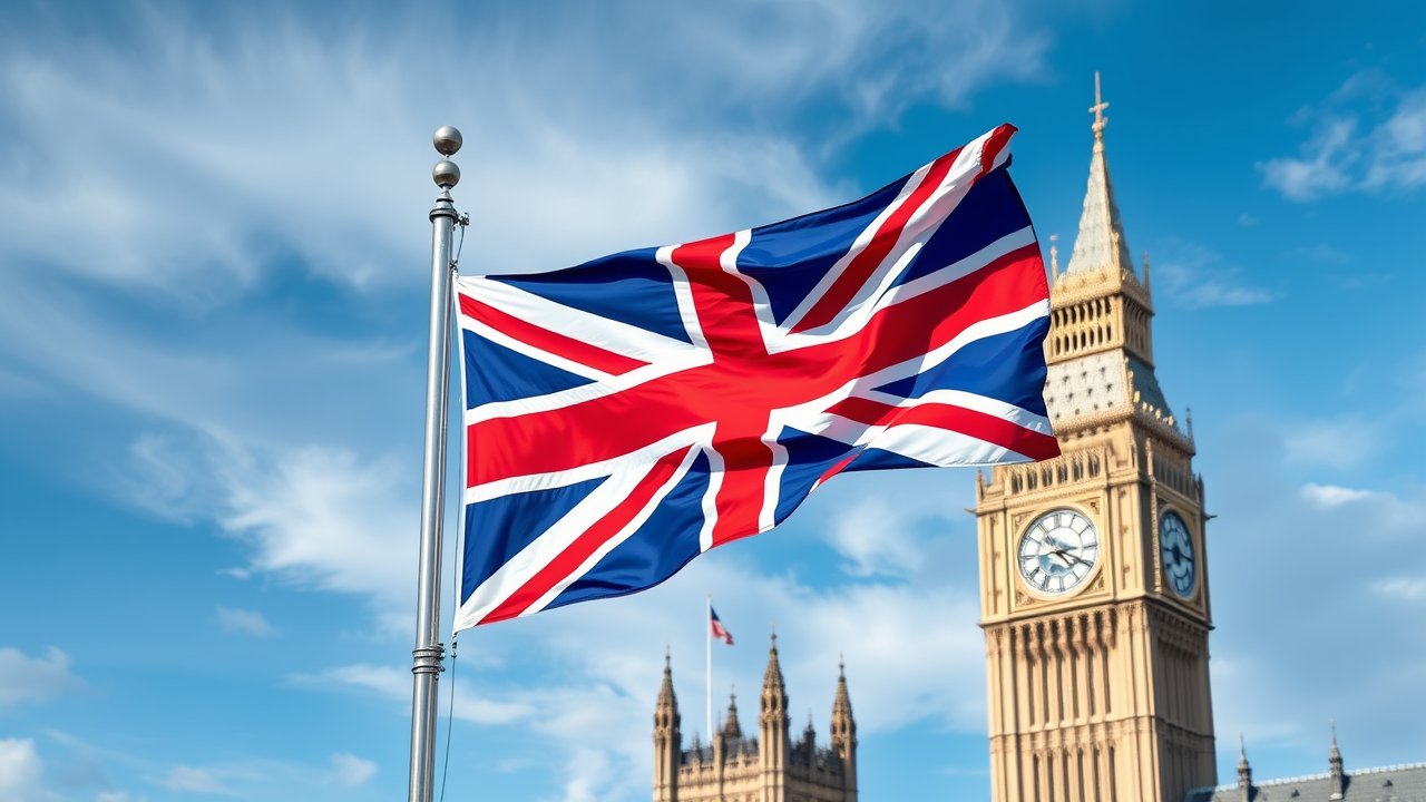 Flag of United Kingdom 🇬🇧 in flagpole in capital style