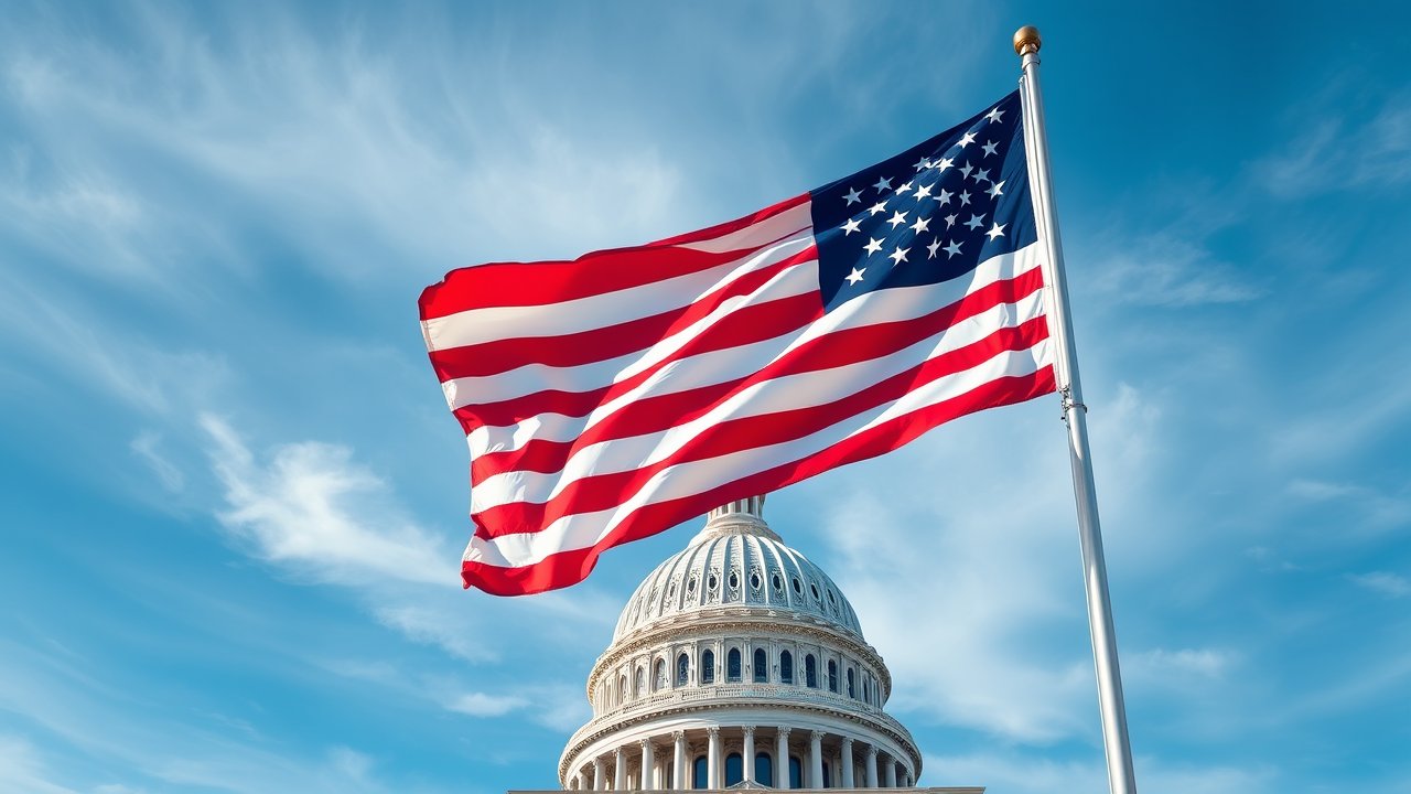 Flag of United States 🇺🇸 in flagpole in capital style