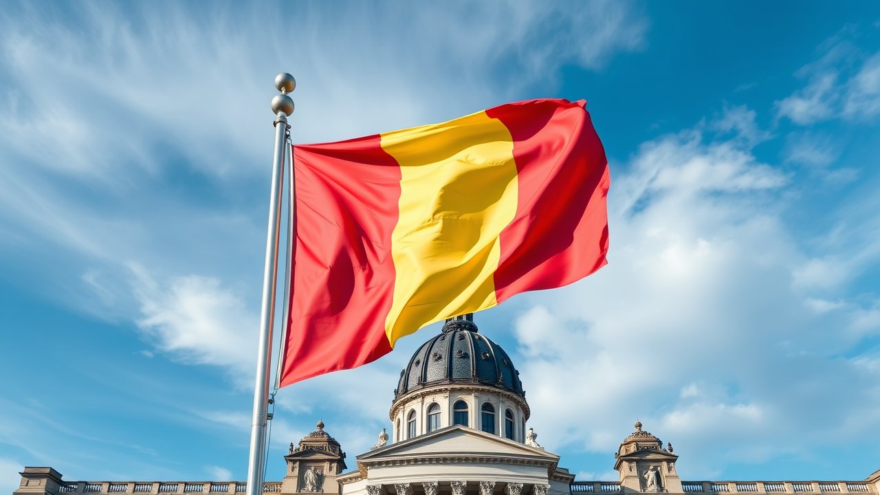 Flag of Belgium 🇧🇪 in flagpole in capital style