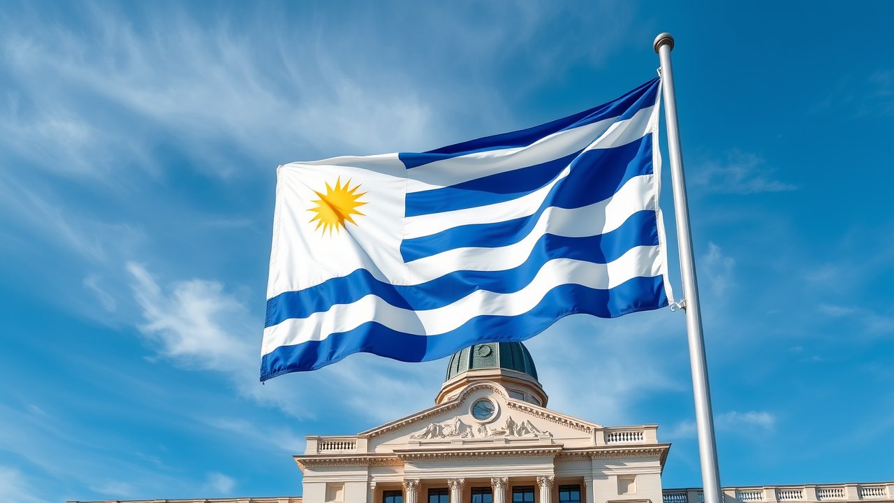 Flag of Uruguay 🇺🇾 in flagpole in capital style