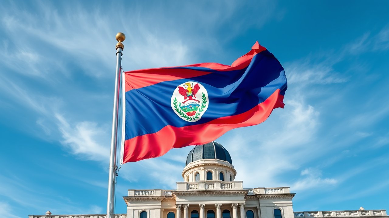 Flag of Belize 🇧🇿 in flagpole in capital style