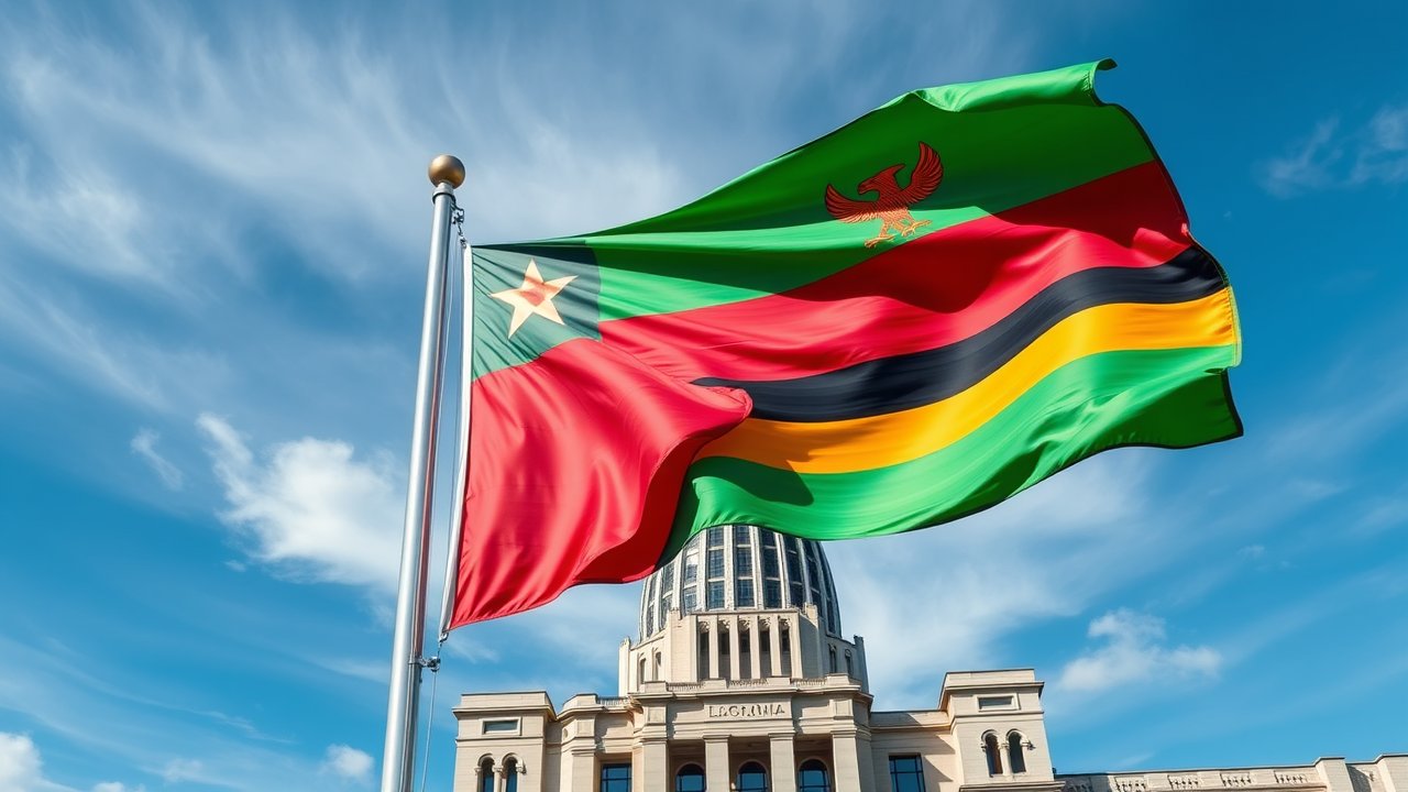 Flag of Zambia 🇿🇲 in flagpole in capital style