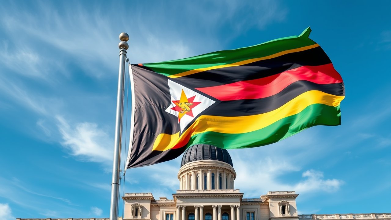 Flag of Zimbabwe 🇿🇼 in flagpole in capital style