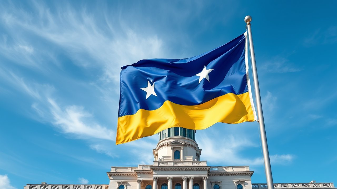 Flag of Curaçao 🇨🇼 in flagpole in capital style