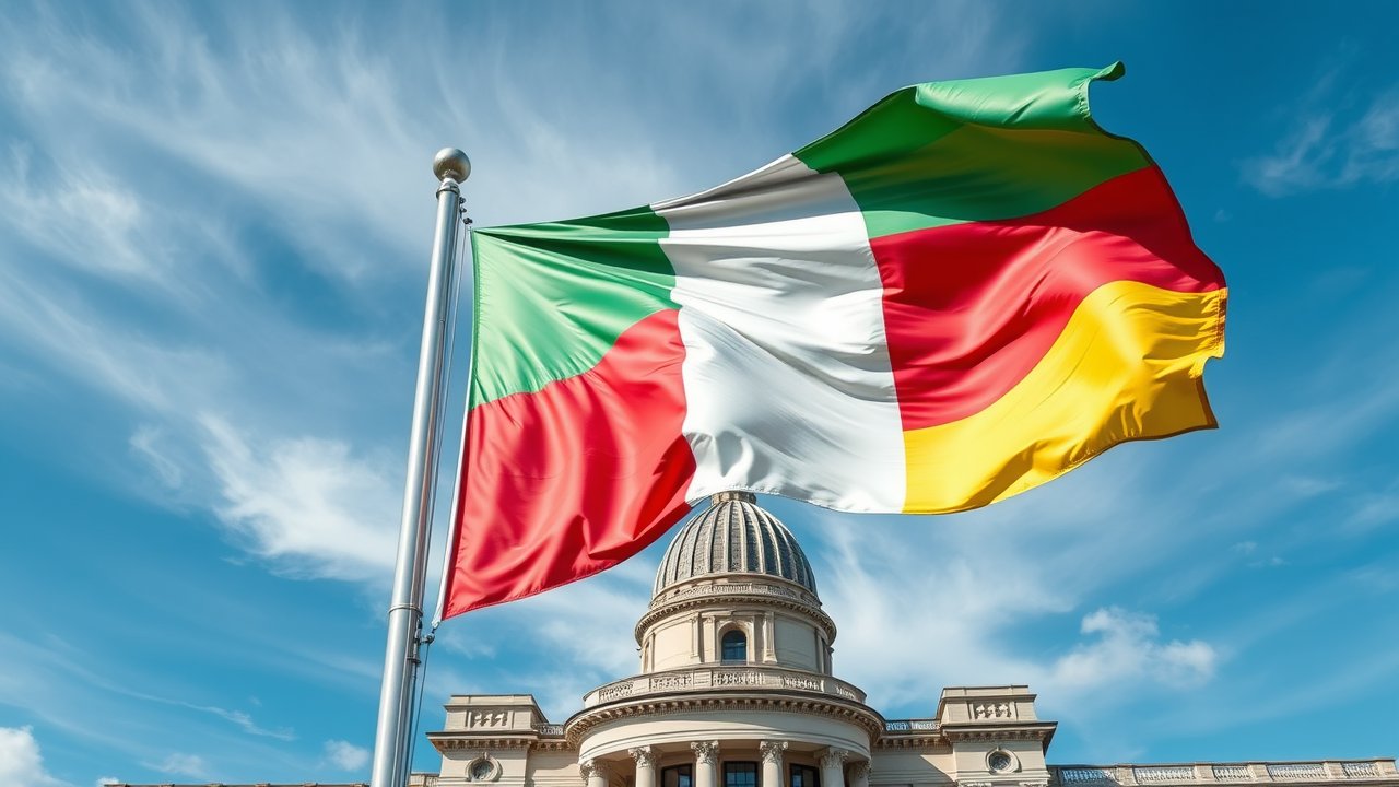 Flag of Benin 🇧🇯 in flagpole in capital style