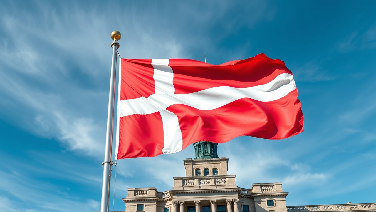 Flag of Greenland 🇬🇱 in flagpole in capital style