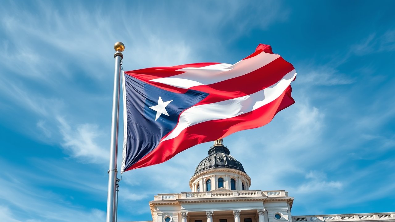 Flag of Puerto Rico 🇵🇷 in flagpole in capital style