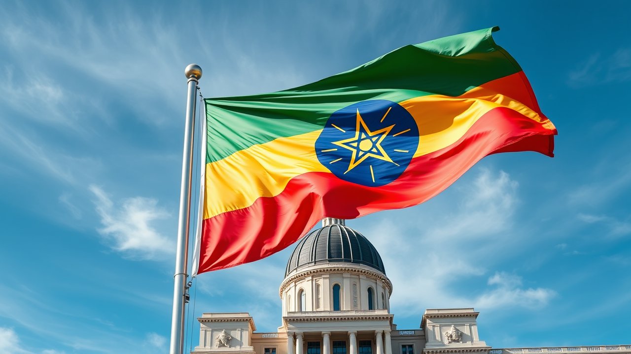 Flag of Ethiopia 🇪🇹 in flagpole in capital style