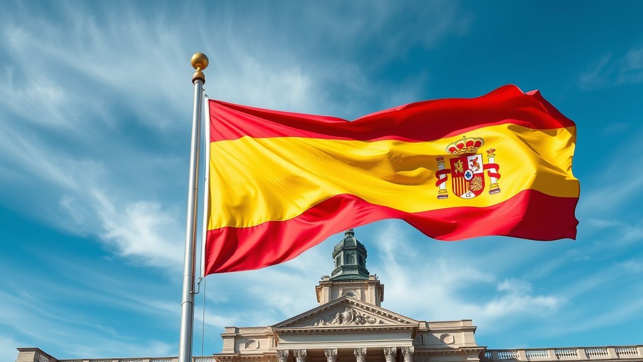 Flag of Spain 🇪🇸 in flagpole in capital style